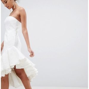 White Jacquard Bandeau Asymmetric Frill Hem Midi